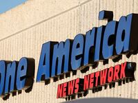 The One America News Network logo is displayed on the One America News Network headquarters on February 2, 2024 in San Diego, California.