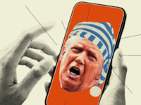 Many Donald Trump heads wearing a sleeping cap yelling in a cell phone