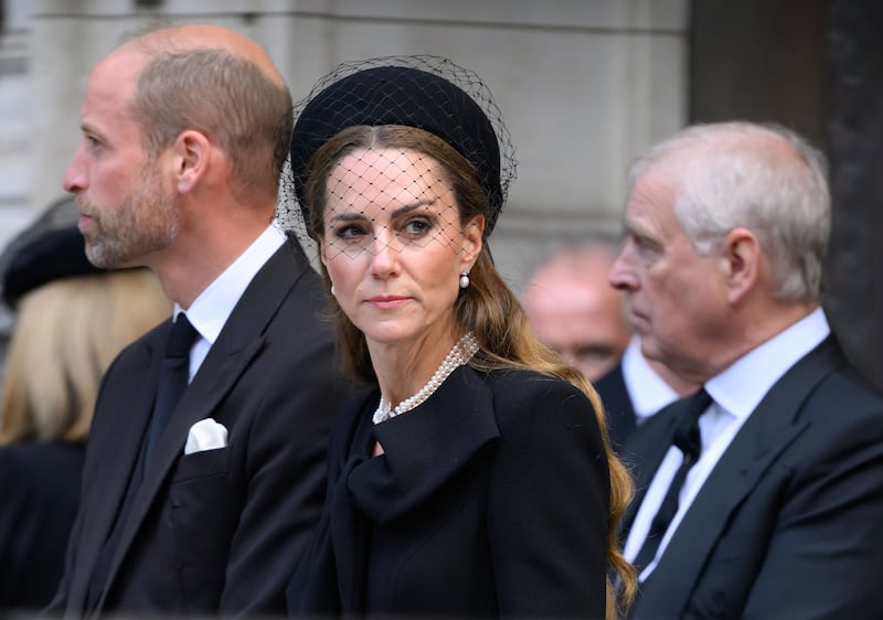 LONDON, ENGLAND - SEPTEMBER 16: Prince William, Prince of Wales, Catherine, Princess of Wales and Prince Andrew, Duke of York attend the Requiem Mass service for the Duchess of Kent at Westminster Cathedral on September 16, 2025 in London, England. Katharine, Duchess of Kent was married to Prince Edward, Duke of Kent, the first cousin of Queen Elizabeth II. She died on September 4 at the age of 92 at Kensington Palace surrounded by her family. Having converted to Catholicism in 1994, her funeral takes place at Westminster Cathedral and is the first Catholic funeral to be held for a member of the royal family in modern British history. Her Royal Highness will be laid to rest at the Royal Burial Ground at Frogmore, Windsor. (Photo by Karwai Tang/WireImage)