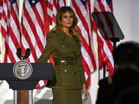 First Lady Melania Trump looks on after addressing the Republican Convention during its second day from the Rose Garden of the White House in 2020.