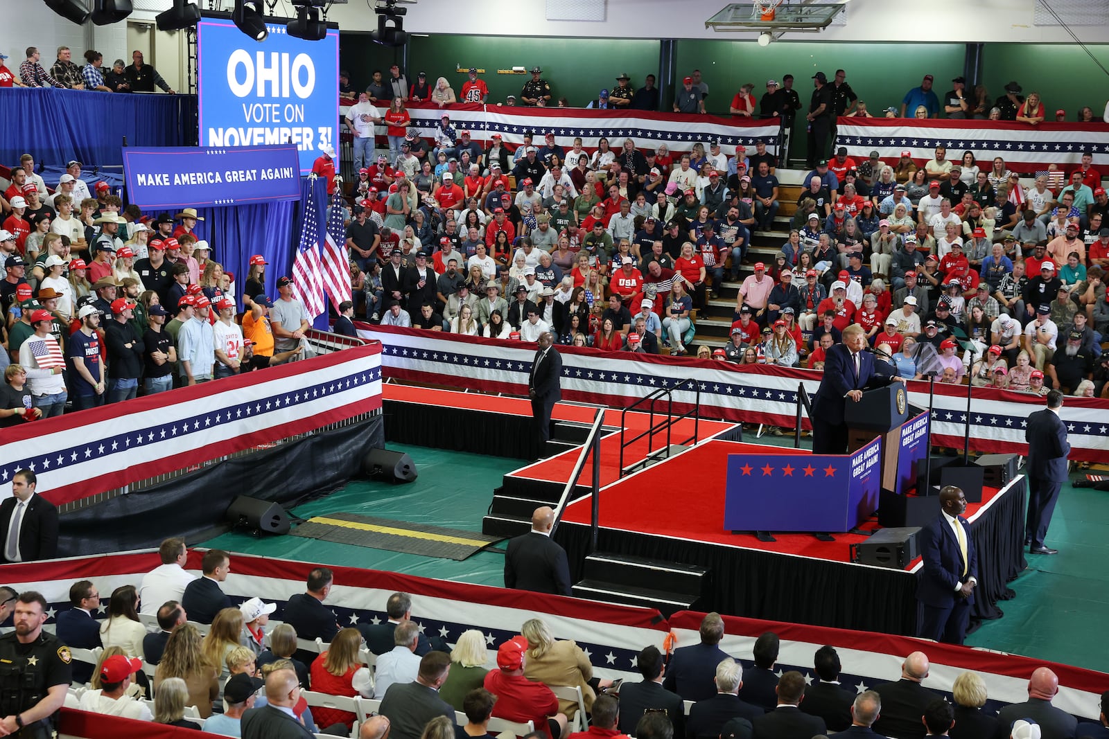 The crowd watches as U.S. President Donald Trump speaks on stage during a campaign rally at the Shoemaker Center at Ohio University on October 28, 2026 in Chillicothe, Ohio. President Trump is rallying support for Republican candidates in Ohio ahead of the midterm elections. Kevin Dietsch/Getty Images
