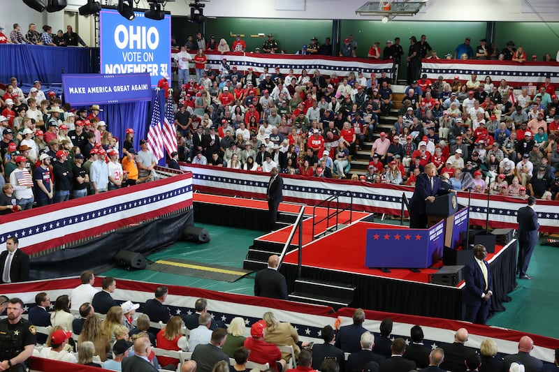 The crowd watches as U.S. President Donald Trump speaks on stage during a campaign rally at the Shoemaker Center at Ohio University on October 28, 2026 in Chillicothe, Ohio. President Trump is rallying support for Republican candidates in Ohio ahead of the midterm elections.