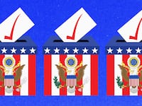 A photo illustration of election ballot boxes with the US government seal.