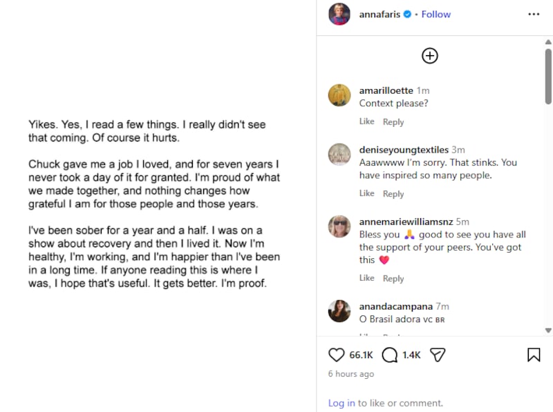 Anna Faris revealed she is 18 months sober in her response to Chuck Lorre. @annafaris/Instagram