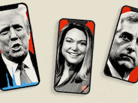 Photo illustrative gif of Jordan Fuchs, Donald Trump, and Brad Raffensberger in iPhones