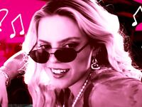 A photo illustration of Renee Rapp in Mean Girls with music notes and question marks around her