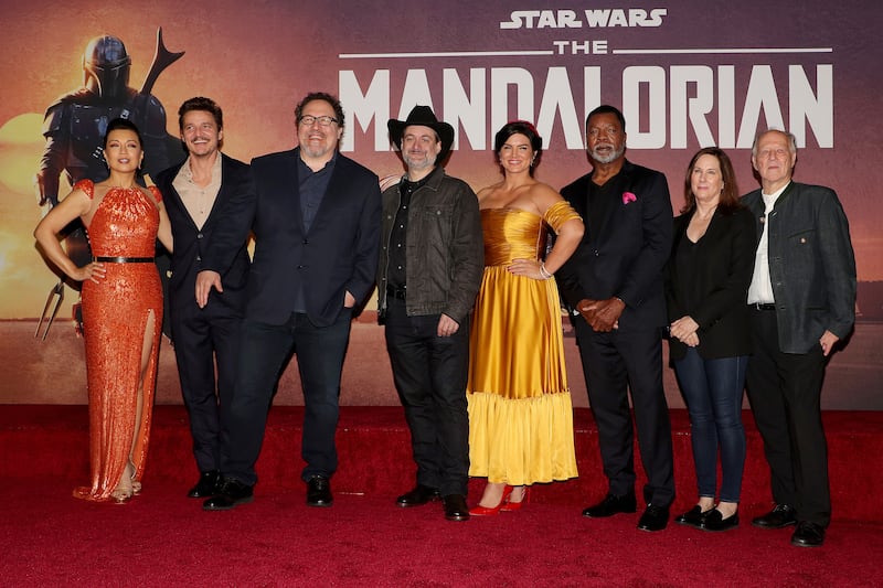 The cast of "Mandalorian," including Gina Carano, Pedro Pascal, and Jon Favreau, pictured in 2019.