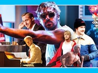 A photo illustration of Ryan Gosling from his various rom coms