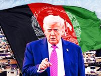 A photo illustration of Donald Trump in front of Kabul and a flag of Afghanistan.