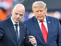 FIFA president Gianni Infantino and president Donald Trump after the FIFA World Cup 2026 Final match between Spain and Argentina at New York New Jersey Stadium.