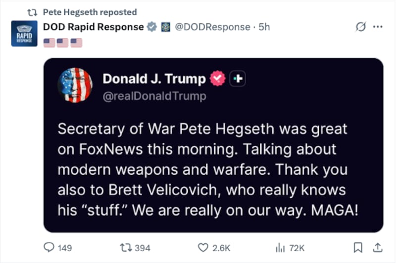 Hegseth approved of Trump talking about his "appearance" on Fox News.