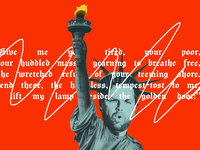 JD Vance as the statue of liberty with the Emma Lazarus poem crossed out and her flame blinking "Go Away" in Morse Code