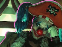 A still from the live action remake of One Piece showing Jeff Ward as Buggy The Clown in season 1.