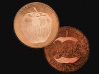 A photo illustration showing pennies front and back with a rotting apple.