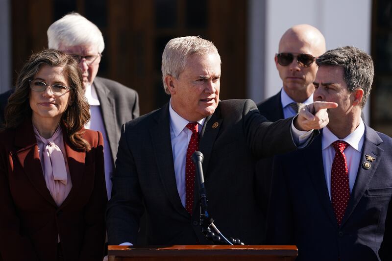 Rep. Nancy Mace with House Oversight Committee Chairman Rep. James Comer speaking during a press conference ahead of former President Bill Clinton's closed-door deposition with the House Oversight Committee at the Chappaqua Performing Arts Center on February 27, 2026.