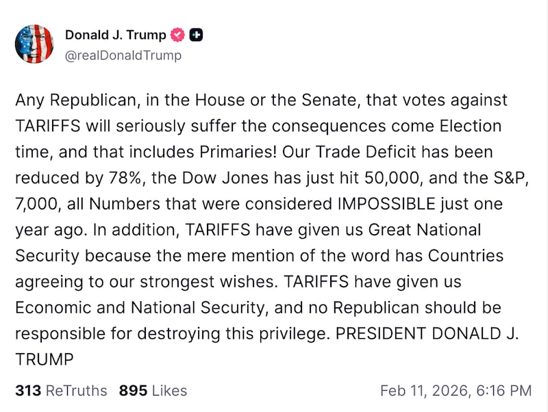 Trump threatened GOP lawmakers who would dare to vote against his tariffs in a Truth Social post on Wednesday.