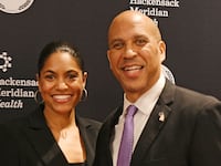EAST RUTHERFORD, NJ - NOVEMBER 21: Senator Cory Booker and Alexis Lewis attends the 2025 New Jersey Hall Of Fame Induction Ceremony at American Dream on November 21, 2025 in East Rutherford, New Jersey.