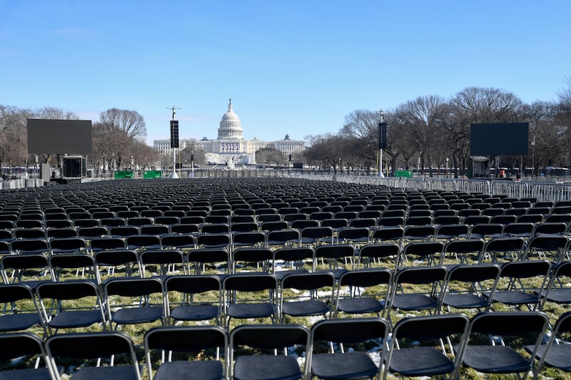 Chairs are seen on the mall near the US Capitol ahead of the presidential inauguration on January 17, 2025, in Washington, DC. US President-elect Donald Trump said on January 17, 2025 that his inauguration as US president on January 20 will be moved indoors due to expected freezing weather. Trump said he will deliver is inaugural address in the Rotunda of the US Capitol. (Photo by Matthew Hatcher / AFP) (Photo by MATTHEW HATCHER/AFP via Getty Images)