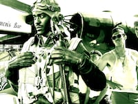 A photo illustration of Ncuti Gatwa and Austin Butler in stills of 'Masters of the Air'