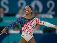 Simone Biles performs her floor routine at the Paris 2024 Summer Olympic Games, where she competed for Team USA.