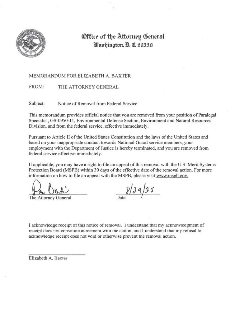 The memorandum sent by Attorney General Pam Bondi to Elizabeth Baxter.