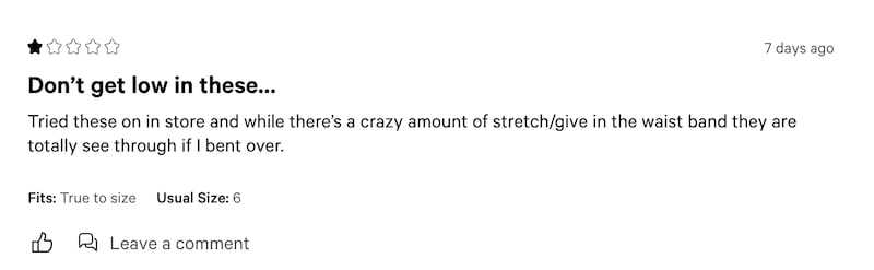 Another unhappy customer's review of the "Get Low" leggings.