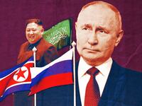 A photo illustration of Russian President Putin, North Korea leader Kim Jong Un, and the flag of Hamas.