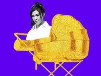 A photo illustration of Kourtney Kardashian in a golden stroller.