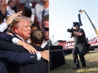 Secret Service agents dog-pile on Donald Trump (left) after the sound of gunshots break out at his rally and security (right) moves into new positions.
