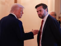 WASHINGTON, DC - MAY 08: U.S. President Donald Trump and Vice President JD Vance speak together during an event to celebrate Military Mothers in the East Room of the White House on May 08, 2025 in Washington, DC. Earlier in the day President Trump announced a trade deal with the United Kingdom. (Photo by Anna Moneymaker/Getty Images)