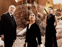 A photo illustration showing Liam Cunningham as Wade, Jess Hong as Jin Cheng, Sea Shimooka as Sophon in episode 105 of 3 Body Problem.