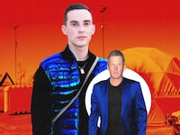A photo illustration featuring Adam Rippon and Lance Armstrong over the Stars on Mars camp