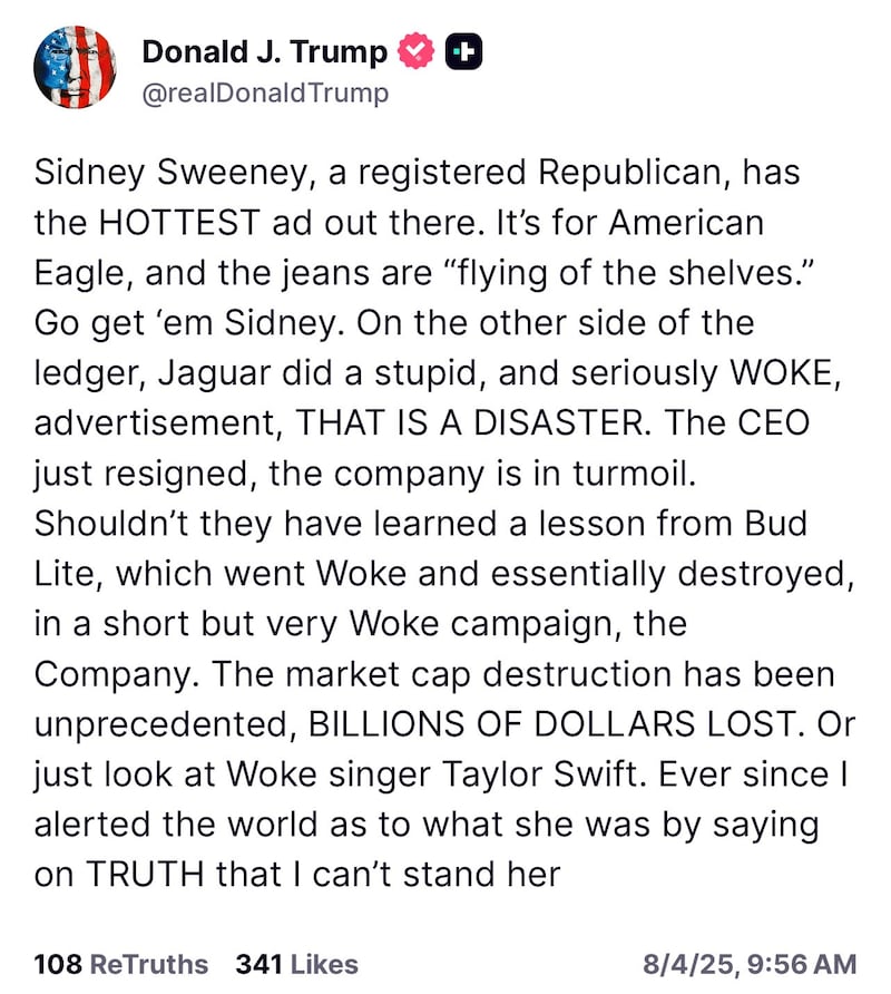 Trump's Truth Social message.