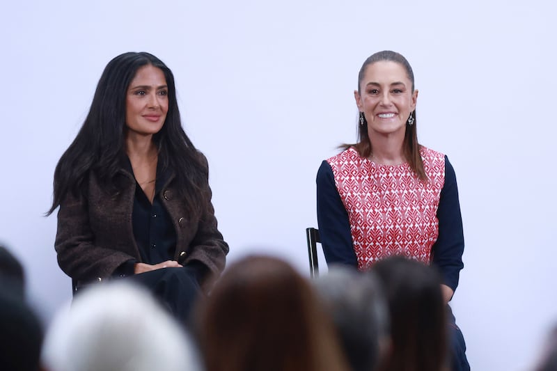 Salma Hayek and Mexican President Claudia Sheinbaum at the press conference in February 2026.