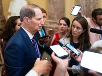 Sen. Ron Wyden, D-Ore., speaks to reporters as he leaves the Senate Democrats' lunch meeting in the U.S. Capitol.