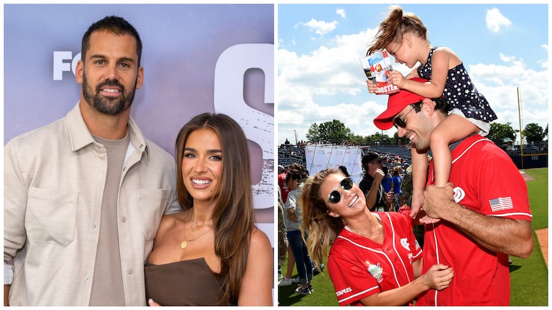 L: Eric Decker and Jessie James Decker on the red carpet; R: Jessie James Decker and Eric Decker at a baseball game in 2017.