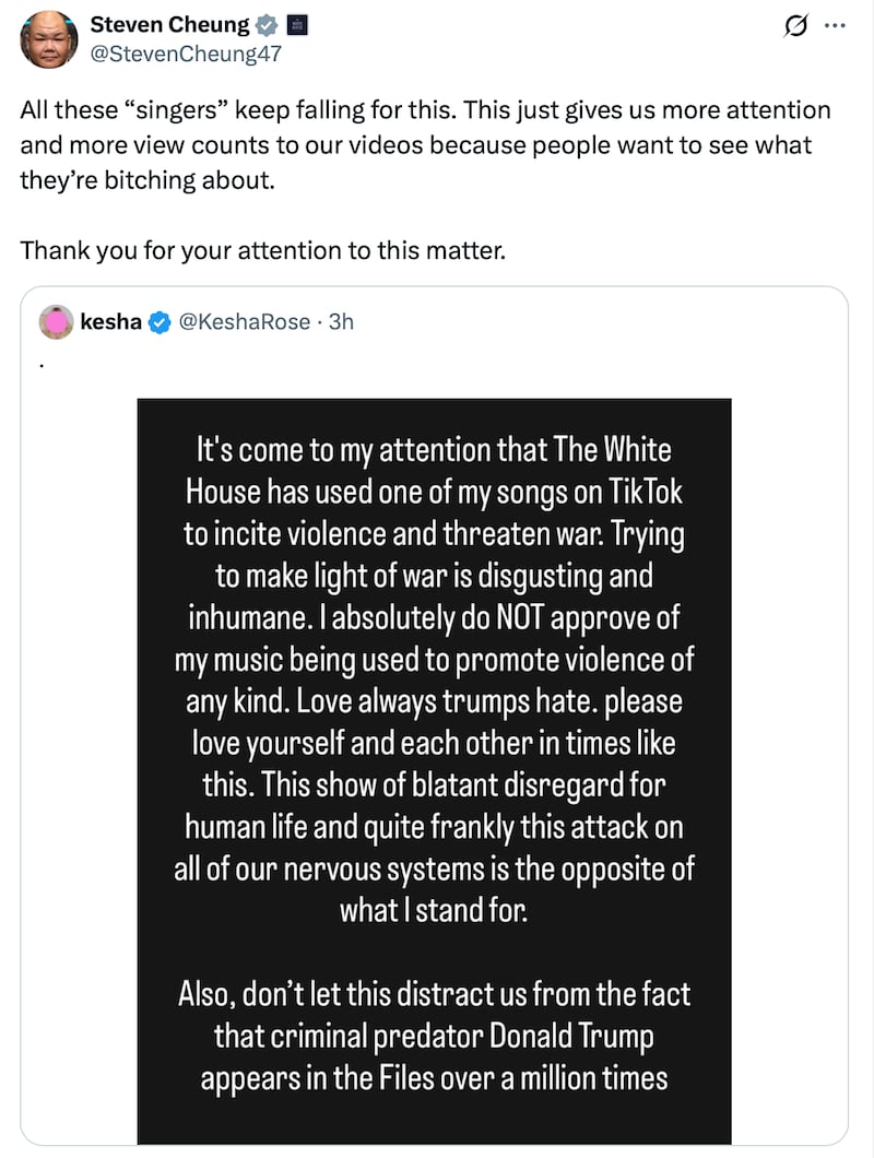 Steven Cheung claps back to Kesha on behalf of the White House.