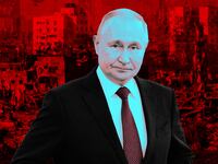 A photo illustration of Russian President Putin and a background of destruction in the Gaza Strip.