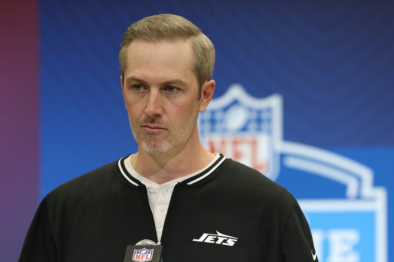 General manager Darren Mougey of the New York Jets speaks to the media during the NFL Scouting Combine at the Indiana Convention Center on February 25, 2025 in Indianapolis, Indiana.