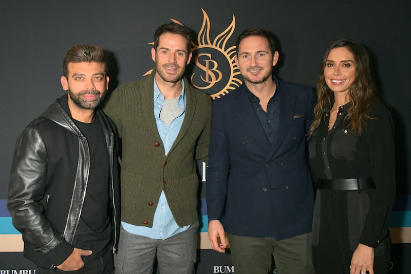 LONDON, ENGLAND - OCTOBER 24: (L-R) Amit Bhatia, Jamie Redknapp, Frank Lampard and Christine Lampard attend the launch of Jamie Redknapp's fashion venture, Sandbanks, at Yopo, The Mandrake Hotel on October 24, 2019 in London, England. (Photo by David M. Benett/Dave Benett/Getty Images for S Creative PR)