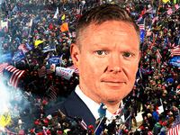 Portrait of Geoffrey Ingersoll overlayed above a scene of protestors and rioters during the January 6 insurrection