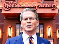 A photo illustration of Scott Bessent and The Cheesecake Factory.