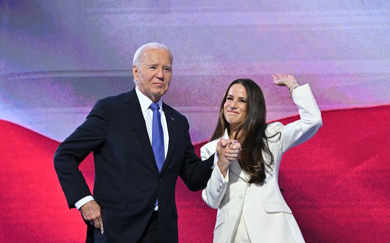 Ashley Biden welcomes her fatherJoe Biden, to the stage on the first day of the Democratic National Convention (DNC) at the United Center in Chicago, Illinois, on August 19, 2024. Vice President Kamala Harris will formally accept the party's nomination for president at the DNC which runs from August 19-22 in Chicago.