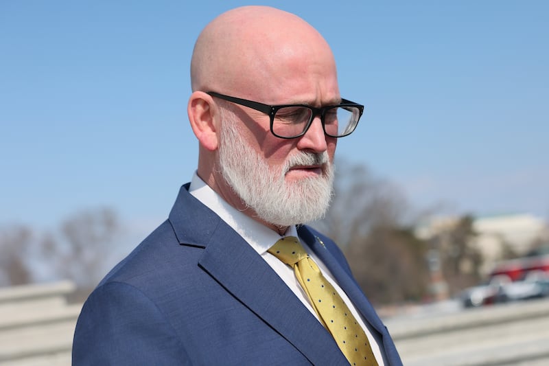 Rep. Derrick Van Orden speaks with reporters outside of the US Capitol on February 11, 2026, in Washington, DC.