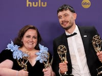 Richard Gadd and Jessica Gunning holding Emmys