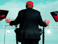 An illustration including a photo of former U.S. President Donald Trump wearing a MAGA hat