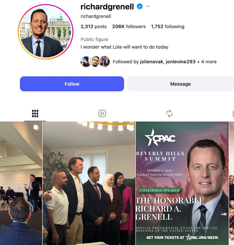 Grenell's Oct. 3 post about being "special envoy" was still on his Instagram grid on Oct. 19.