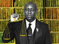 Photo illustration of Ben Crump holding the scales of justice with yellow patterned books in the background