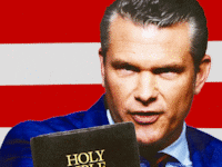 Pete Hegseth thumps his bible. illo illustration