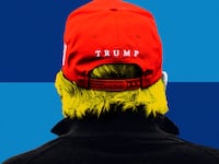 An illustration including photos of former U.S President Donald Trump and the NATO logo colors